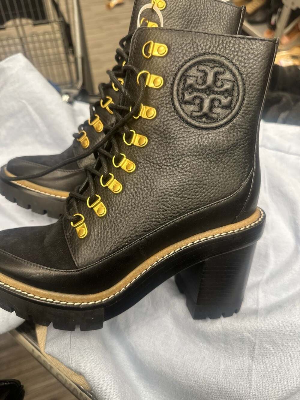 Tory Burch Miller Mixed-Materials Lug Sole Lace-Up Heeled Boot